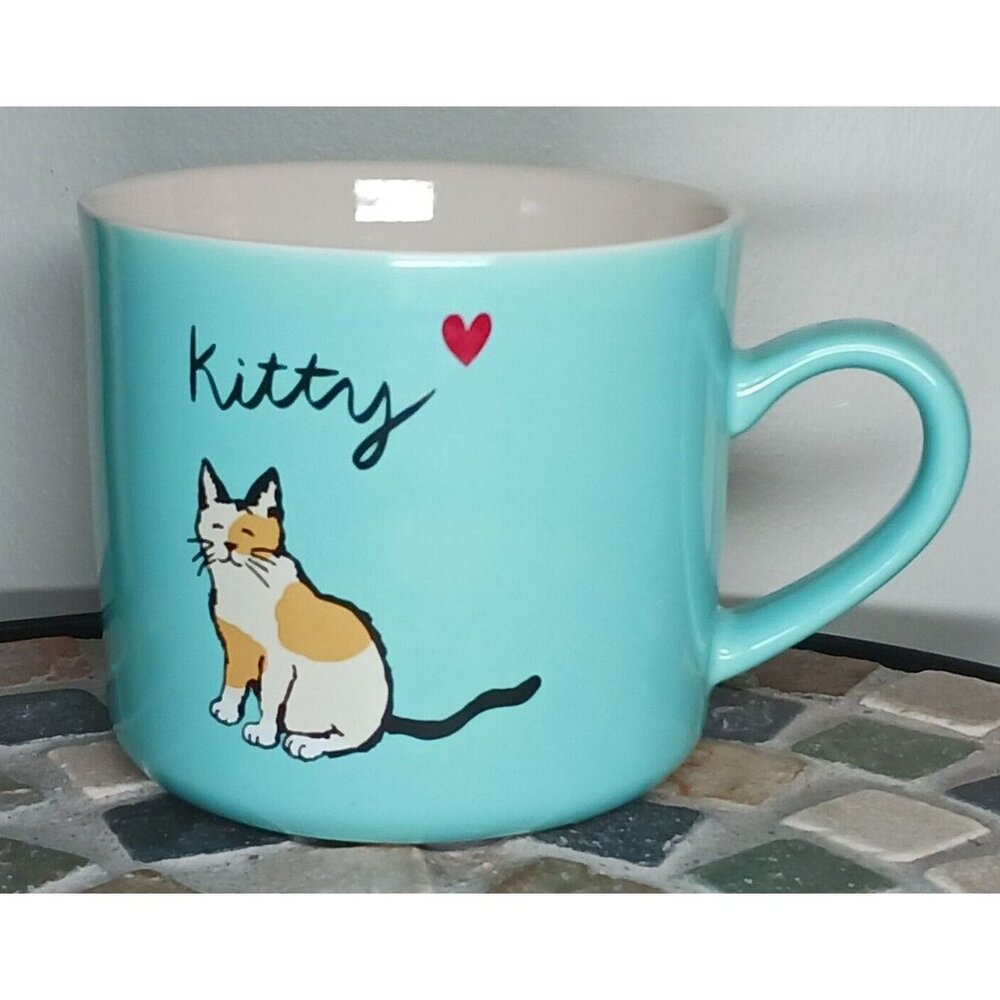 Opal House Stoneware Kitty Cat Teal Blue Coffee Mug Tea Cup Cat and Heart 16oz